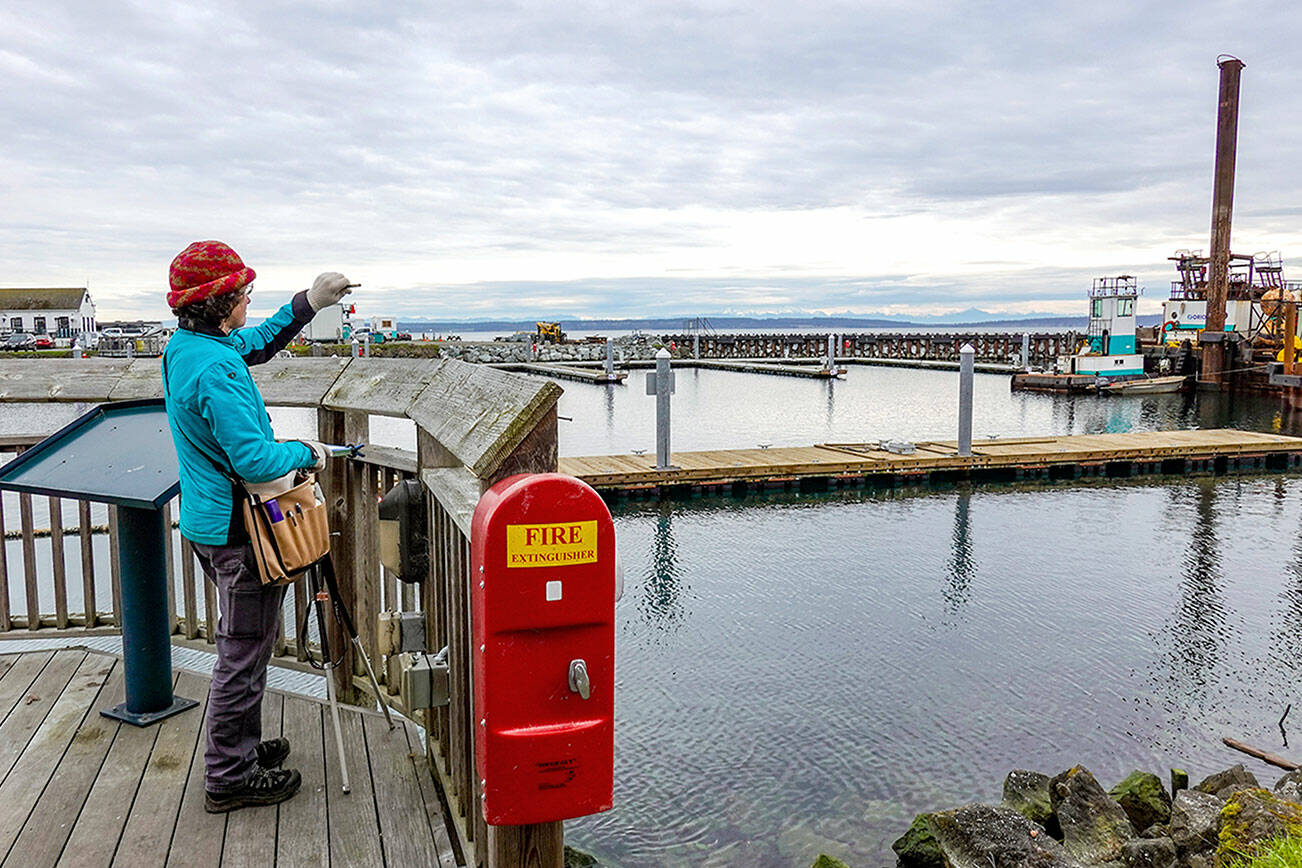Artist Chris Stevenson, who described herself as an urban sketcher from Port Townsend, uses a pencil for scale as she sketches the work at the new entrance to Point Hudson Marina on Monday morning. A group in town, the Port Townsend Urban Sketchers will meet at 10 a.m. Saturday to sketch at the Port Townsend Aero Museum. Sessions are free and open to sketchers of all skill levels. For more information, see www.urbansketchersporttownsend.wordpress.com. (Steve Mullensky/for Peninsula Daily News)