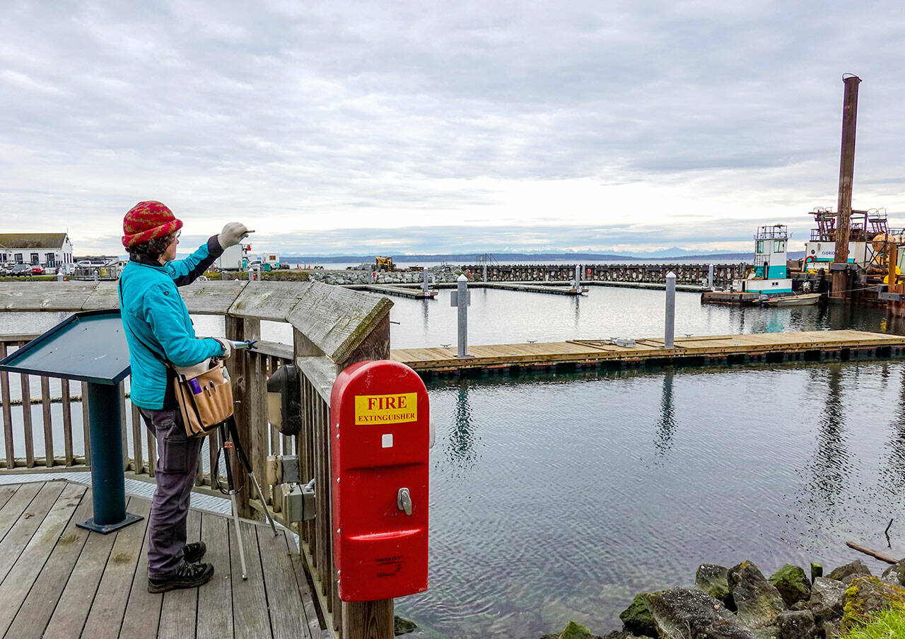 Artist Chris Stevenson, who described herself as an urban sketcher from Port Townsend, uses a pencil for scale as she sketches the work at the new entrance to Point Hudson Marina on Monday morning. A group in town, the Port Townsend Urban Sketchers will meet at 10 a.m. Saturday to sketch at the Port Townsend Aero Museum. Sessions are free and open to sketchers of all skill levels. For more information, see www.urbansketchersporttownsend.wordpress.com. (Steve Mullensky/for Peninsula Daily News)
