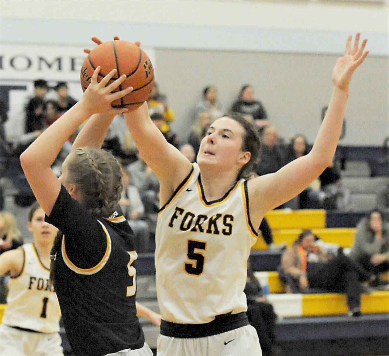 Forks’ Keira Johnson (5) was named the Pacific 2B League Most Valuable Player after leading her team to a 10-0 record in league this season. (Lonnie Archibald/for Peninsula Daily News)