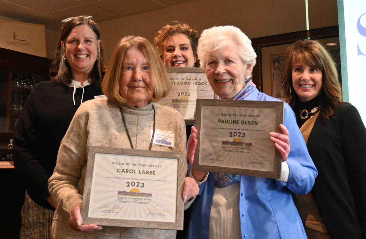 Finalists for the 2023 Sequim-Dungeness Valley Chamber Commerce’s Citizen of the Year award include, front row, from left, Carol Labbe and Pauline Olsen. Not pictured is the award recipient, Renne Emiko Brock, who was unable to attend the chamber’s annual awards luncheon on Tuesday. Pictured with Labbe and Olsen are, back row, from left, chamber President Eran Kennedy, chamber Executive Director Beth Pratt and Lorie Fazio, Citizen of the Year committee chair. (Michael Dashiell/Olympic Peninsula News Group)