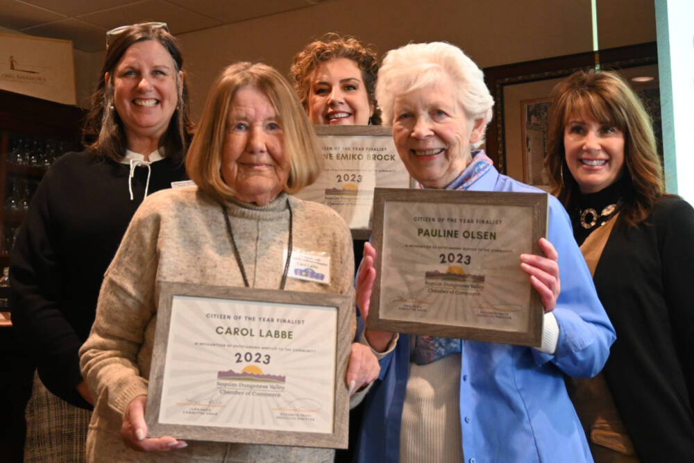 Finalists for the 2023 Sequim-Dungeness Valley Chamber Commerce’s Citizen of the Year award include, front row, from left, Carol Labbe and Pauline Olsen. Not pictured is the award recipient, Renne Emiko Brock, who was unable to attend the chamber’s annual awards luncheon on Tuesday. Pictured with Labbe and Olsen are, back row, from left, chamber President Eran Kennedy, chamber Executive Director Beth Pratt and Lorie Fazio, Citizen of the Year committee chair. (Michael Dashiell/Olympic Peninsula News Group)