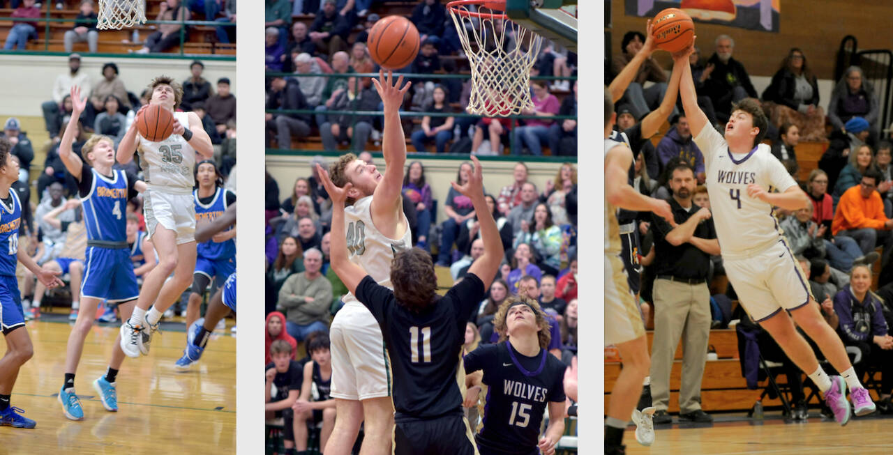 Port Angeles’ Parker Nickerson, left, and Isaiah Shamp, center, were named to the Olympic League boys basketball first team. Sequim’s Keenan Green, right, was named to the second team. (Keith Thorpe and Michael Dashiell photos)