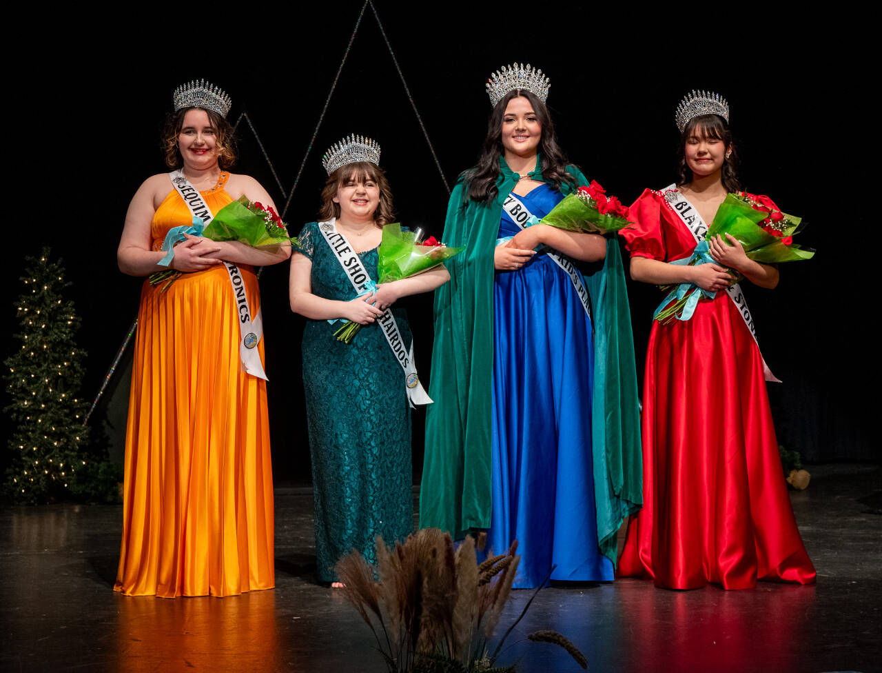 Judges name the 2024 Sequim Irrigation Festival court on Feb. 24 at Sequim High School. Pictured, from left, are princesses Ashlynn Northaven and Sophia Treece, queen Ariya Goettling and princess Kailah Blake. (Emily Matthiessen/for Olympic Peninsula News Group)