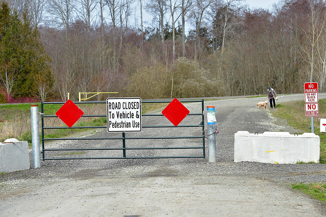 A gate and concrete barricades block the north end of Towne Road as it reaches the new Dungeness River levee on Tuesday northwest of Sequim. (Keith Thorpe/Peninsula Daily News)