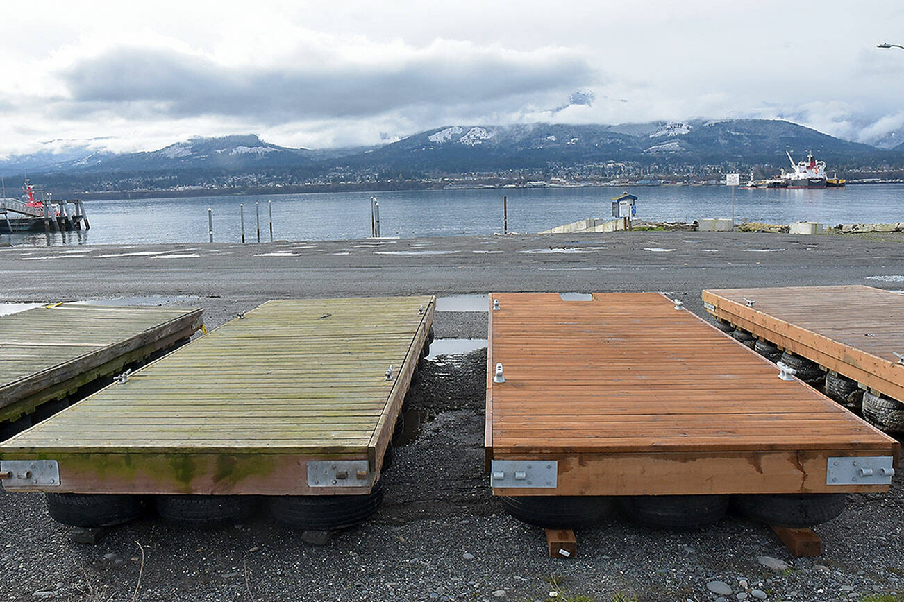 KEITH THORPE/PENINSULA DAILY NEWS
Floats for the City of Port Angeles' boat launch on Ediz Hook sit on the ground near the launch on Friday after they were removed to prevent storm damage.