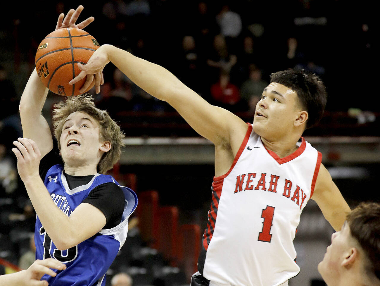 Neah Bay’s Jodell Wimberly blocks a shot at the state 1B tournament against Oakesdale last week at the Spokane Arena. The Neah Bay boys finished fifth in the state. (Roger Harnack/Cheney Free Press)