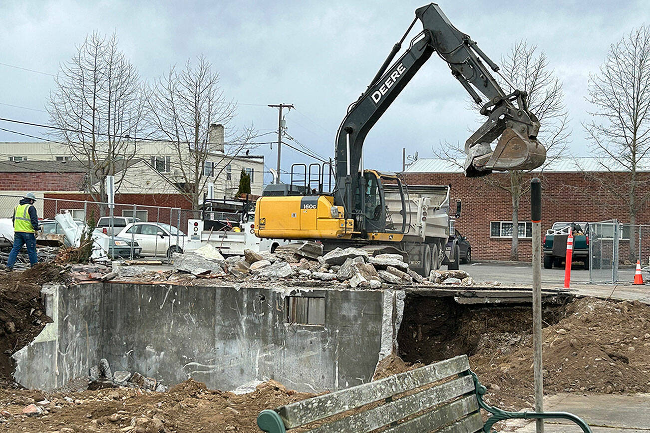 Demolition continued last week by Jamestown Excavation at the former doctor’s office building at 103 W. Cedar St., adjacent to the Sequim Civic Center. Jamestown S’Klallam Tribe leaders told city staff in October 2022 that they intend to turn the space into an art gallery/gift shop. (Matthew Nash/Olympic Peninsula News Group)