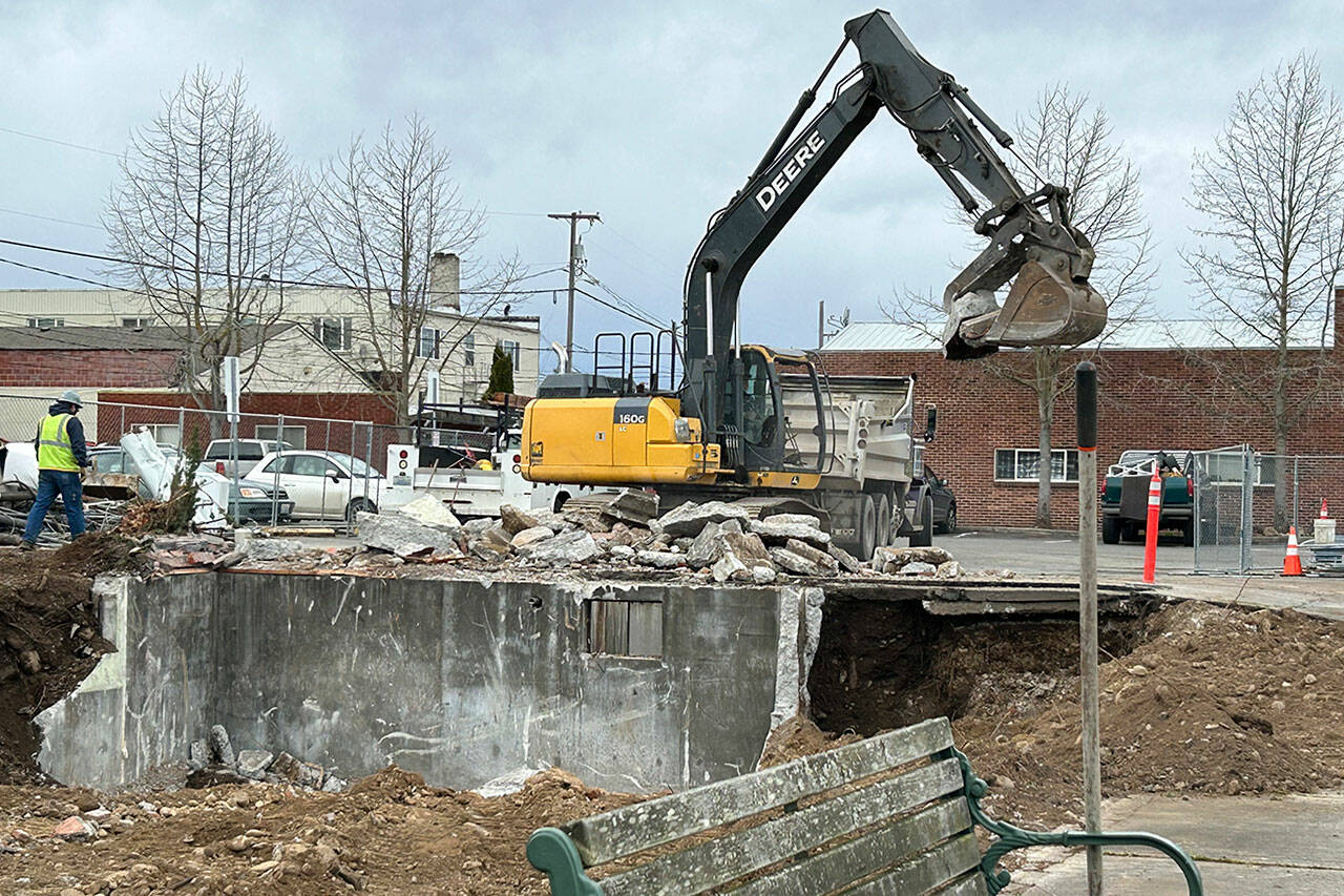 Demolition continued last week by Jamestown Excavation at the former doctor’s office building at 103 W. Cedar St., adjacent to the Sequim Civic Center. Jamestown S’Klallam Tribe leaders told city staff in October 2022 that they intend to turn the space into an art gallery/gift shop. (Matthew Nash/Olympic Peninsula News Group)