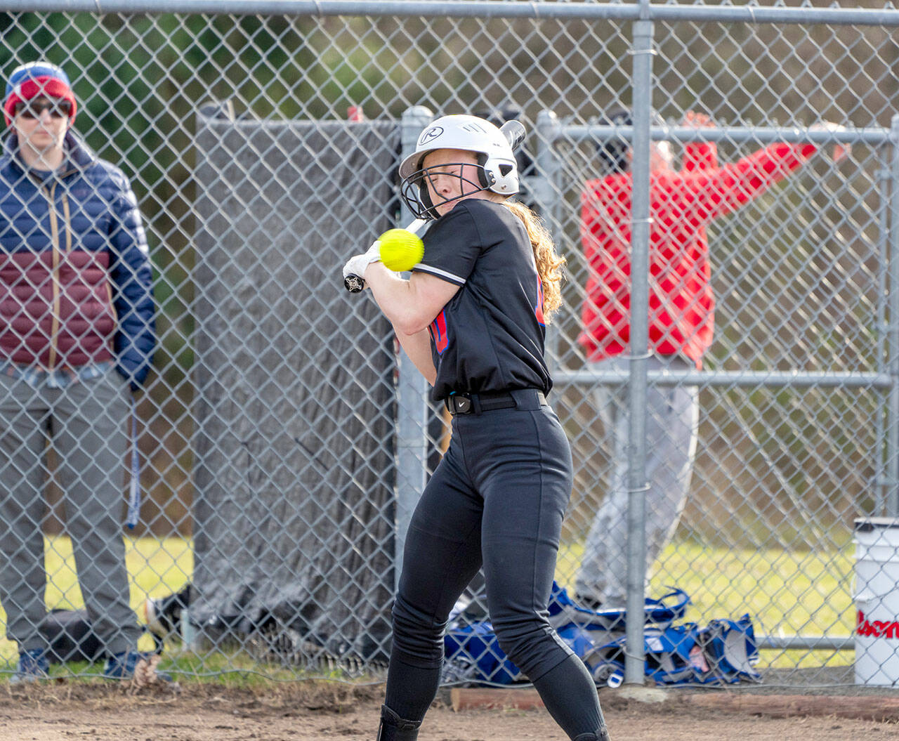 East Jefferson Rivals’ catcher Breanne Huntingford gets a walk to first base after being tagged by the ball while at bat during a game against the Bremerton Knights played at Blue Heron Middle School in Port Townsend on Wednesday. (Steve Mullensky/for Peninsula Daily News)