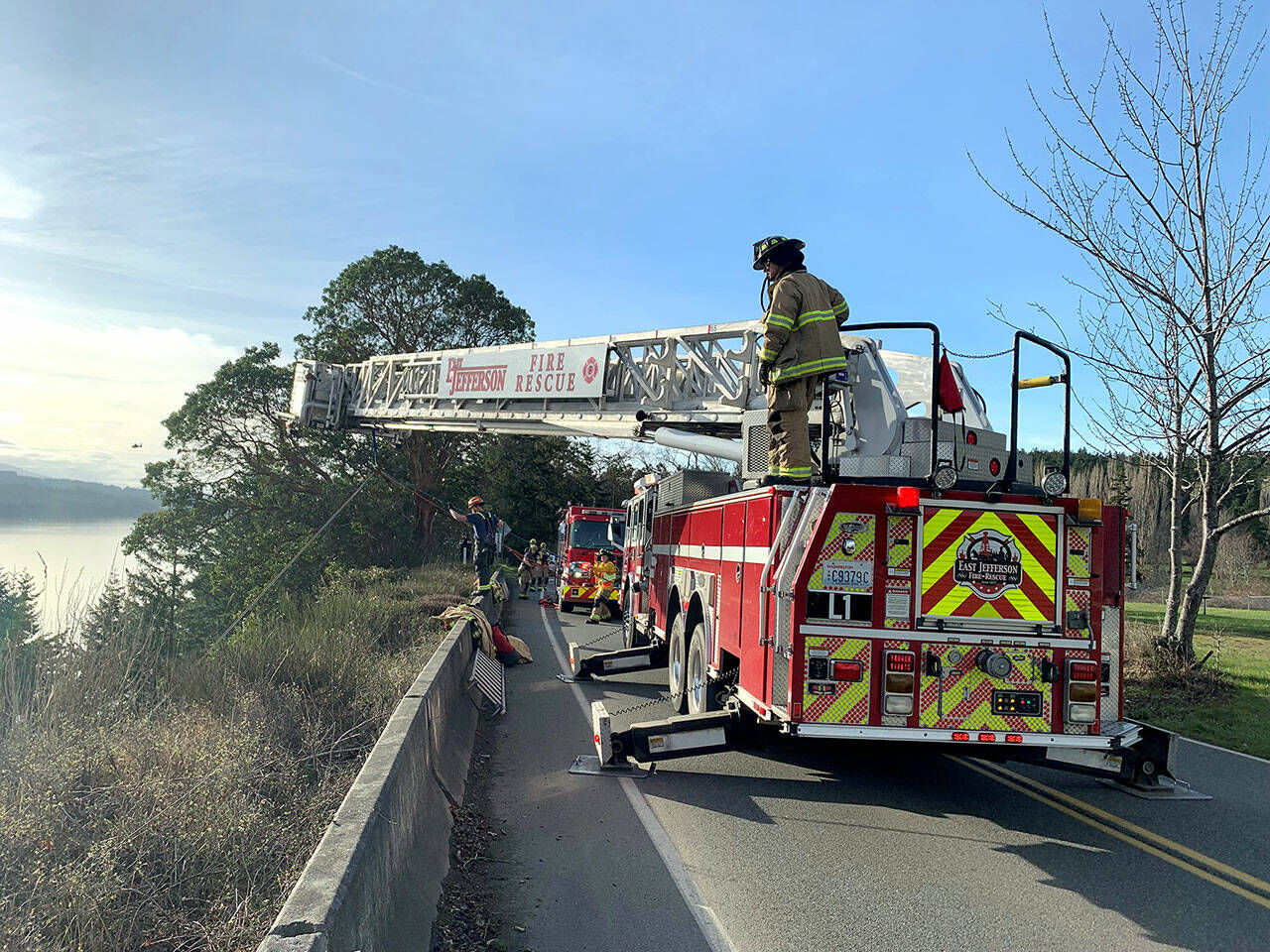 Members of East Jefferson Fire-Rescue rescued an injured driver who was ejected from their vehicle when it went over a cliff on South Discovery Road on Wednesday. (East Jefferson Fire Rescue)