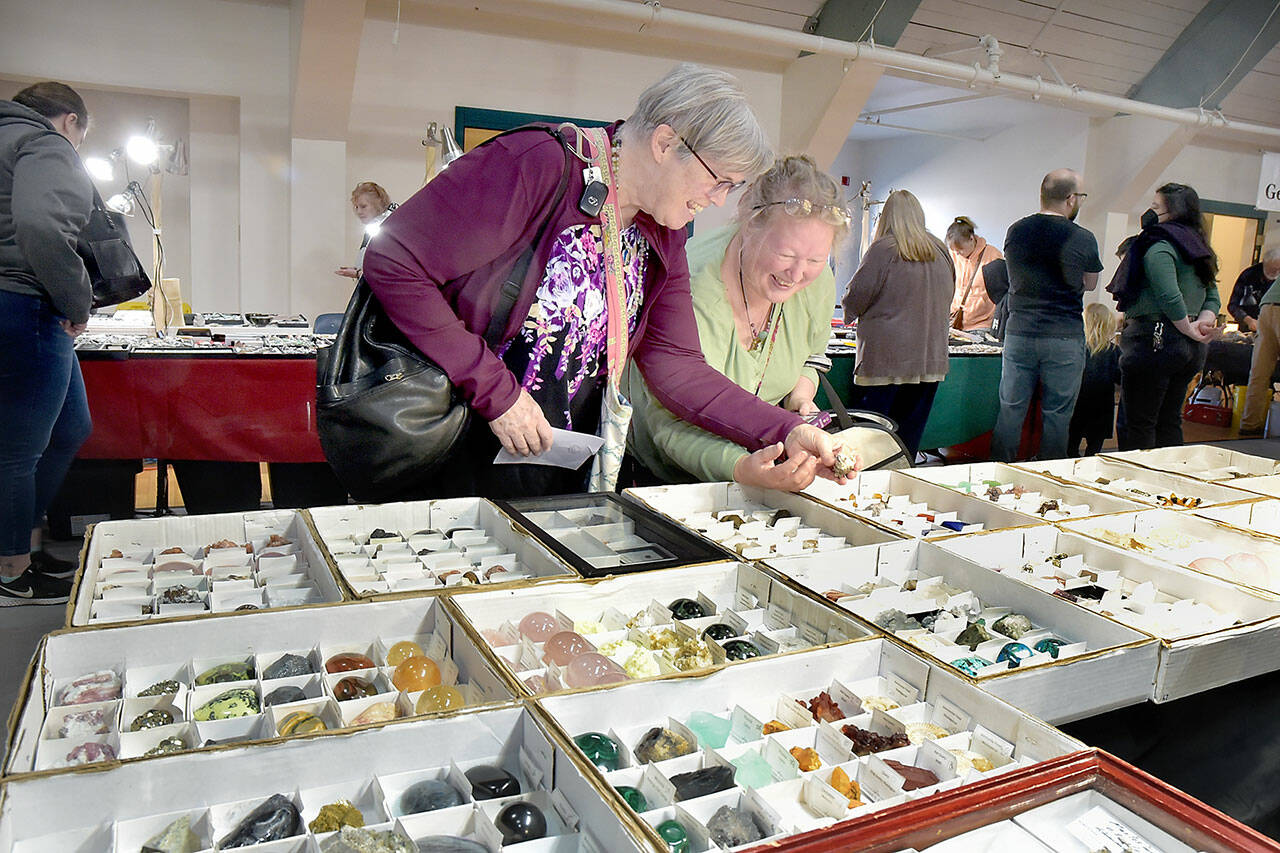 M.E. Bartholomew, left, and Jenny Schaper, both of Port Angeles, look at interesting specimens at a display table set up by Shelton-based Elemental Endeavors on Saturday at the annual Rock, Gem and Jewelry Show at Vern Burton Community Center in Port Angeles. Hosted by the Clallam County Gem and Mineral Association, the two-day exposition featured two dozen vendors selling rocks, minerals, fossils, beads, faceted gemstones, jewelry and lapidary tools, as well as live demonstrations and children’s activities. (Keith Thorpe/Peninsula Daily News)