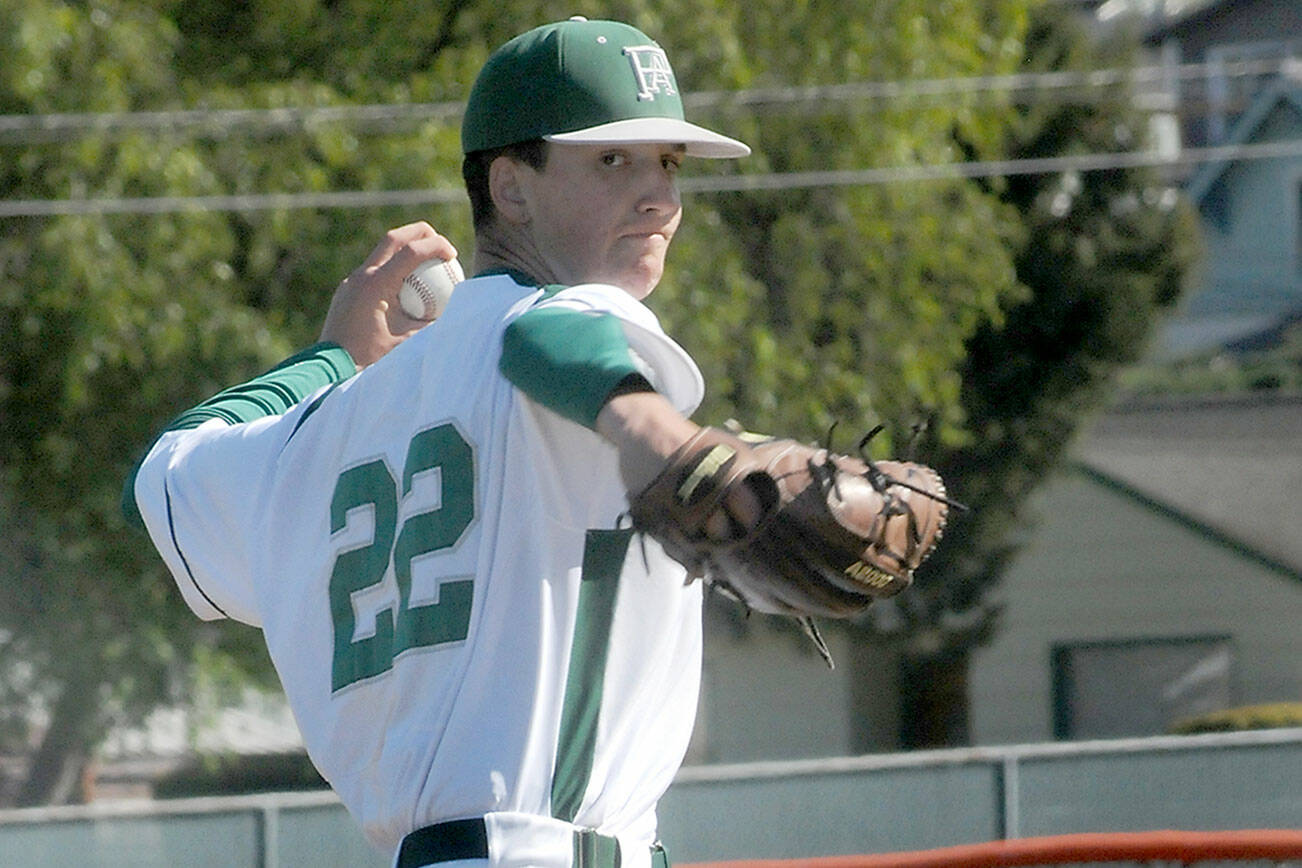 Port Angeles pitcher Rylan Politika in 2023 pitching at Civic Field. Politika and Brandt Perry combined for a two-hitter Monday against Bremerton. (KEITH THORPE/PENINSULA DAILY NEWS)