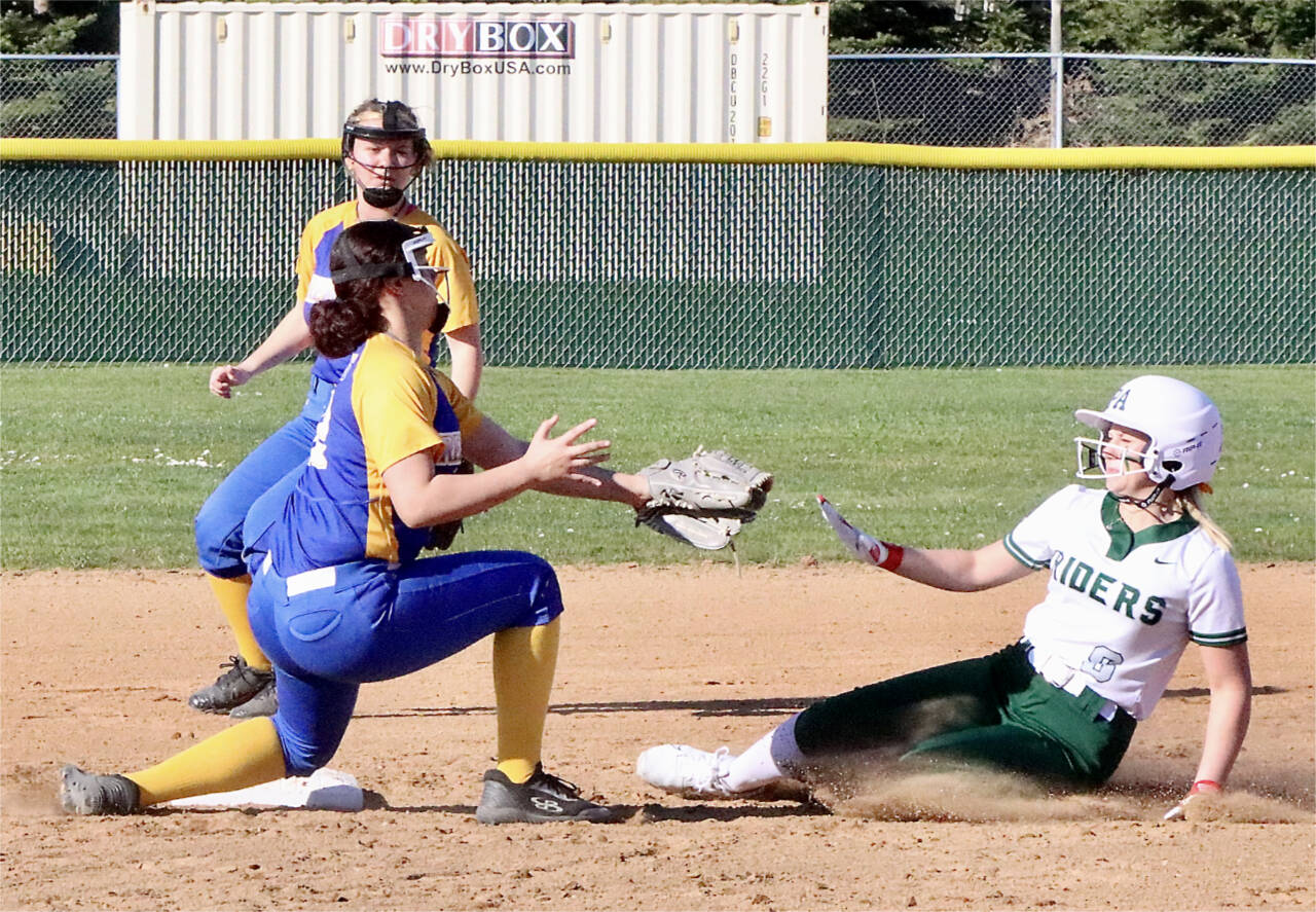 Dave Logan/for Peninsula Daily News
Port Angeles' Heidi Leitz tries to steal second base against the Bremerton Knights, but was called out on this play. The Roughriders won 11-1, ending the game on a walkoff two-run home run by Natalie Robinson.