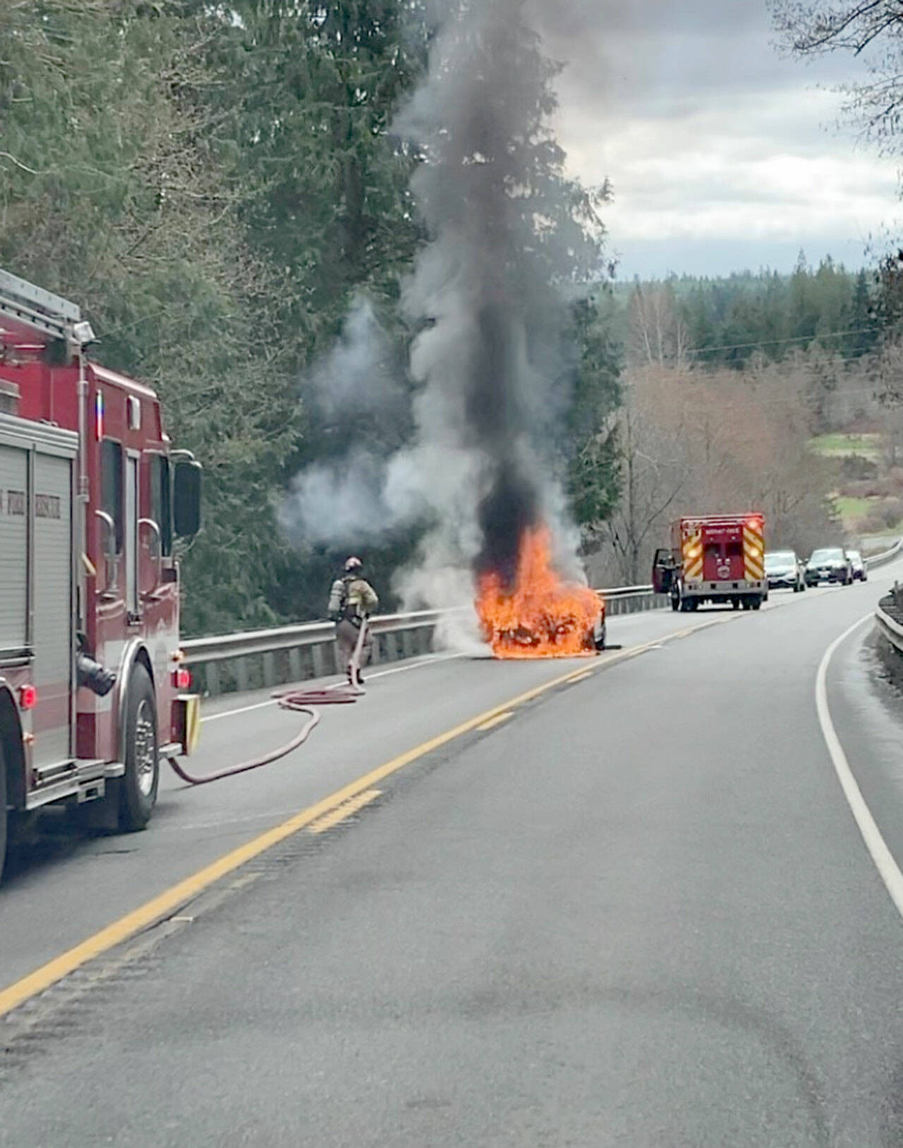 An East Jefferson Fire Rescue crew responded Wednesday afternoon to a car fire on state Highway 20. (East Jefferson Fire Rescue)