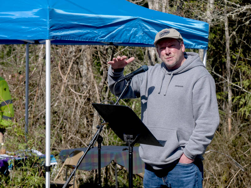 State Rep. Mike Chapman, D-Port Angeles, speaks Sunday at a gathering that celebrated the cancellation of the Power Plant sale. (John Gussman)