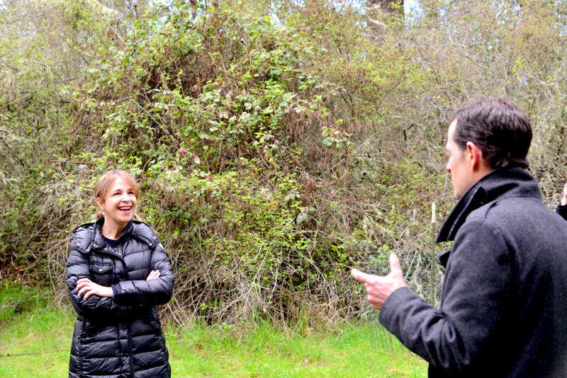 State Commissioner of Public Lands Hilary Franz speaks with Port Townsend City Manager John Mauro in Sather Park in Port Townsend on Tuesday about the city’s park management. The state Department of Natural Resources recently awarded Port Townsend more than $350,000 to bolster urban forestry. (Peter Segall/Peninsula Daily News)