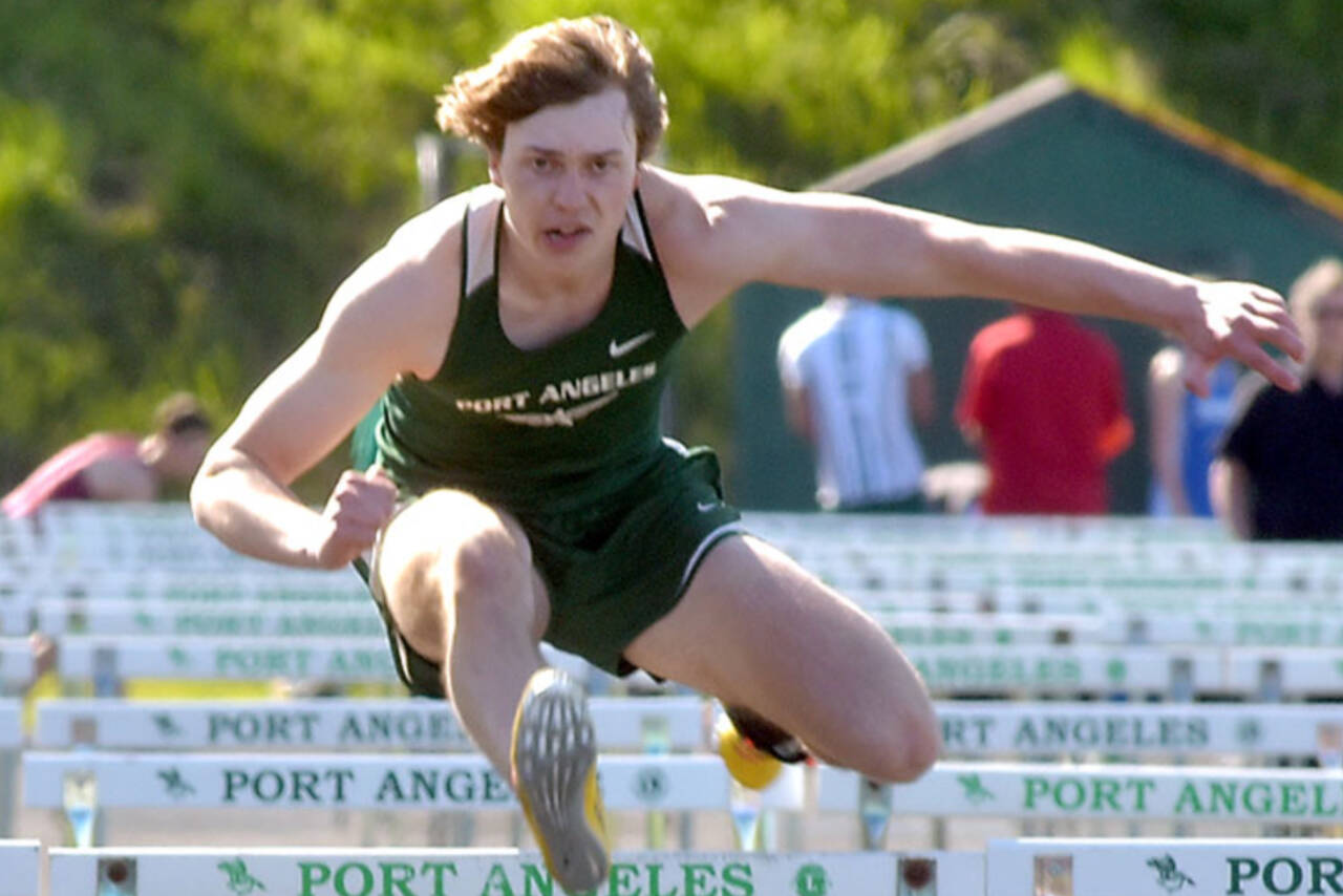 Parker Nickerson won the 110-meter hurdles at the 2024 Sunny and 70! Track and Field meet this weekend at Lakewood High School. (Keith Thorpe/Peninsula Daily News)