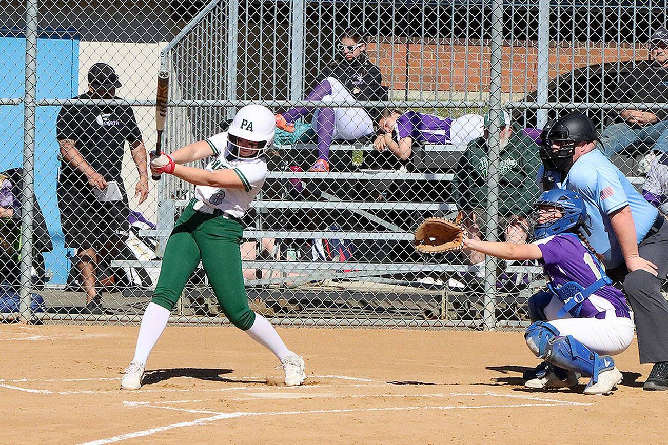 Heidi Leitz (8) swings for a base hit against North Kitsap on Thursday. The Riders got up 4-0, but North Kitsap went on to win 15-4 to tie Port Angeles for first place. (Dave Logan/for Peninsula Daily News)