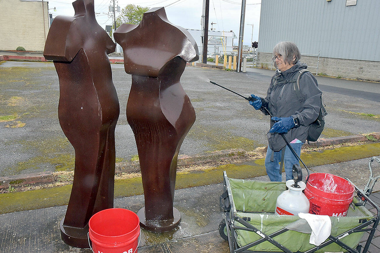 Midge Vogan of Port Angeles sprays cleaner on a pair of sculptures in the 100 block of North Laurel Street in downtown Port Angeles on Saturday as part of the fourth annual Big Spring Spruce Up, sponsored by the Port Angeles Chamber of Commerce. Dozens of volunteers spread out over the downtown area to help beautify the city. (Keith Thorpe/Peninsula Daily News)