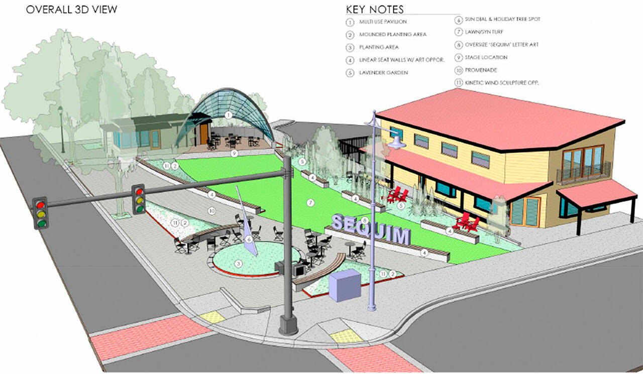 Sequim City Council members chose the “Flow” design for Centennial Place at the northeast corner of Washington Street and Sequim Avenue. A newer design will incorporate some elements of other designs before being sent off to seek grant opportunities. (City of Sequim)