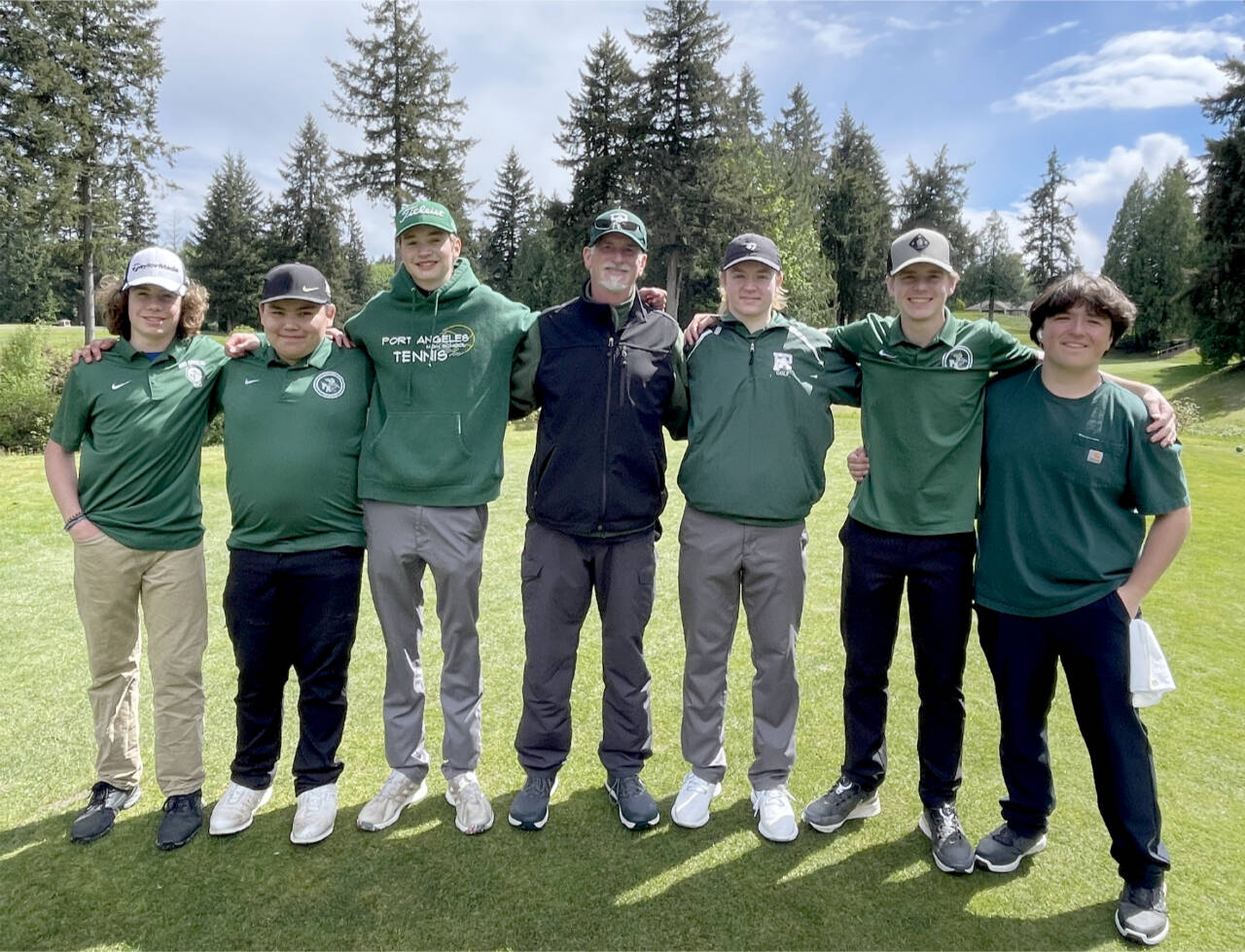 The Port Angeles boys golf team will send at least four members to the state 2A tournament at Liberty Lake. From left, Sky Gelder, Kolby Charles, Reid Schmidt, Bob Anderson, Nate Anderson, Austin Worthington and Max Gelder. Not in the photo is Cale Wentz. (Port Angeles boys golf)