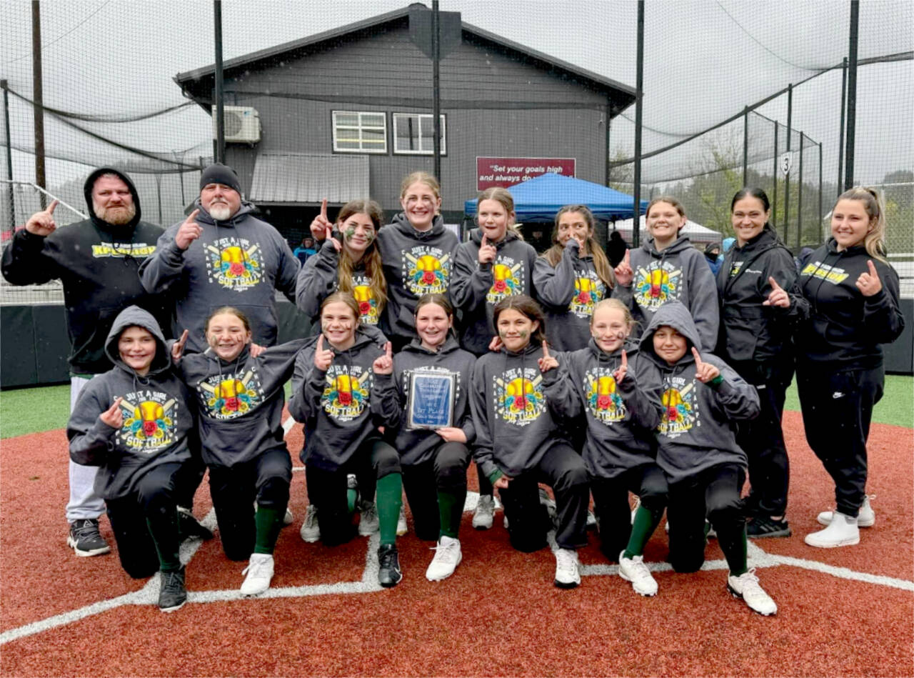 The 12U Port Angeles Xplosion team took first place in the gold division of the USSSA May Celebration 13-team tournament held in Chehalis this weekend. The Xplosion went 5-0 in the tournament, beating Bonney Lake 12-1 in the championship game. The Xplosion’s Madisyn Wright hit two inside-the-park home runs in the championship game. From left, top row, are coach Brad Holloway, coach Richard Wright, Mattison Messenger, Pepper McCaslin, Allison Leitz, Alaine Jennings, Riley Nichols, coach Brittney Rowland and coach Jenessa Balch From left, front, are Chloe Holloway, Ayla Balch, Kylin Weitz, Madisyn Wright, Valerie Charles, Teyah Elofson-Cross and Kaylee Konopaski. (Courtesy of 12U Explosion)