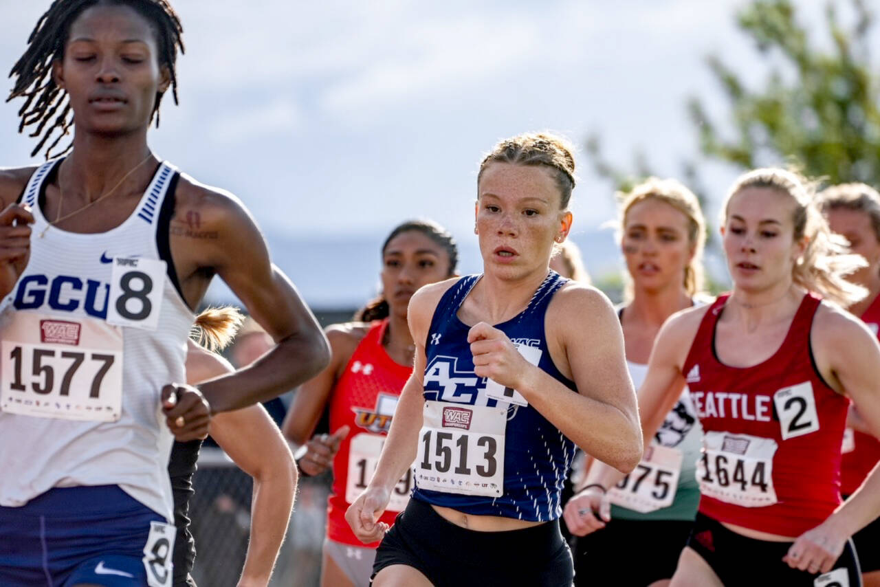 Riley Pyeatt (1513), a 2022 Sequim graduate and state track champion in two events, now running for Abilene Christian, came in third at the Western Athletic Conference championships in the 800 meters this past weekend. (Joshua Beam)