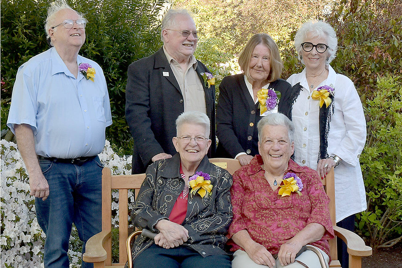 The 2024 Community Service Awards winners gather before Thursday's awards ceremony at Holy Trinity Lutheran Church in Port Angeles. This year's recipients were, seated from left, Steph Ellyas and Lyn Fiveash, and standing from left, Gordon Taylor, Don Zanon, Carol Labbe and Betsy Reed Schultz. (Keith Thorpe/Peninsula Daily News)