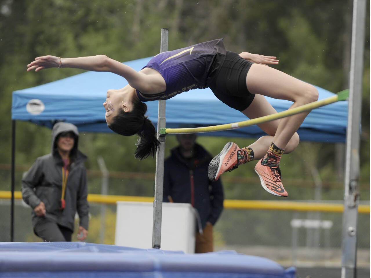 Sequim's Clare Turella cleared 5 feet, 3 inches Saturday to win the bidistrict track and field meet championship in Belfair. (Michael Dashiell/Olympic Peninsula News Group)