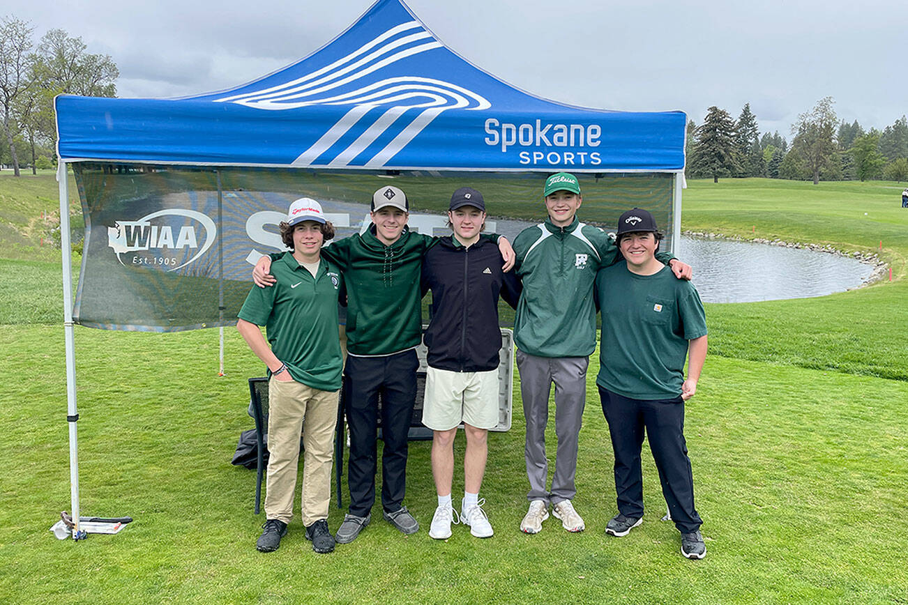 Bob Anderson/Port Angeles Golf
The Port Angeles boys golf team from left, Sky Gelder, Austin Worthington, Reid Schmidt, Nate Anderson and Max Gagnon, recently competed at the Class 2A State Tournament at Liberty Lake Golf Course in the Spokane Valley.
Anderson shot a 76 in his opening round and was looking for a high finish before a spring squall complicated matters for all players, dropping temperatures with cold rain and wind. He ended up earning 20th place.
