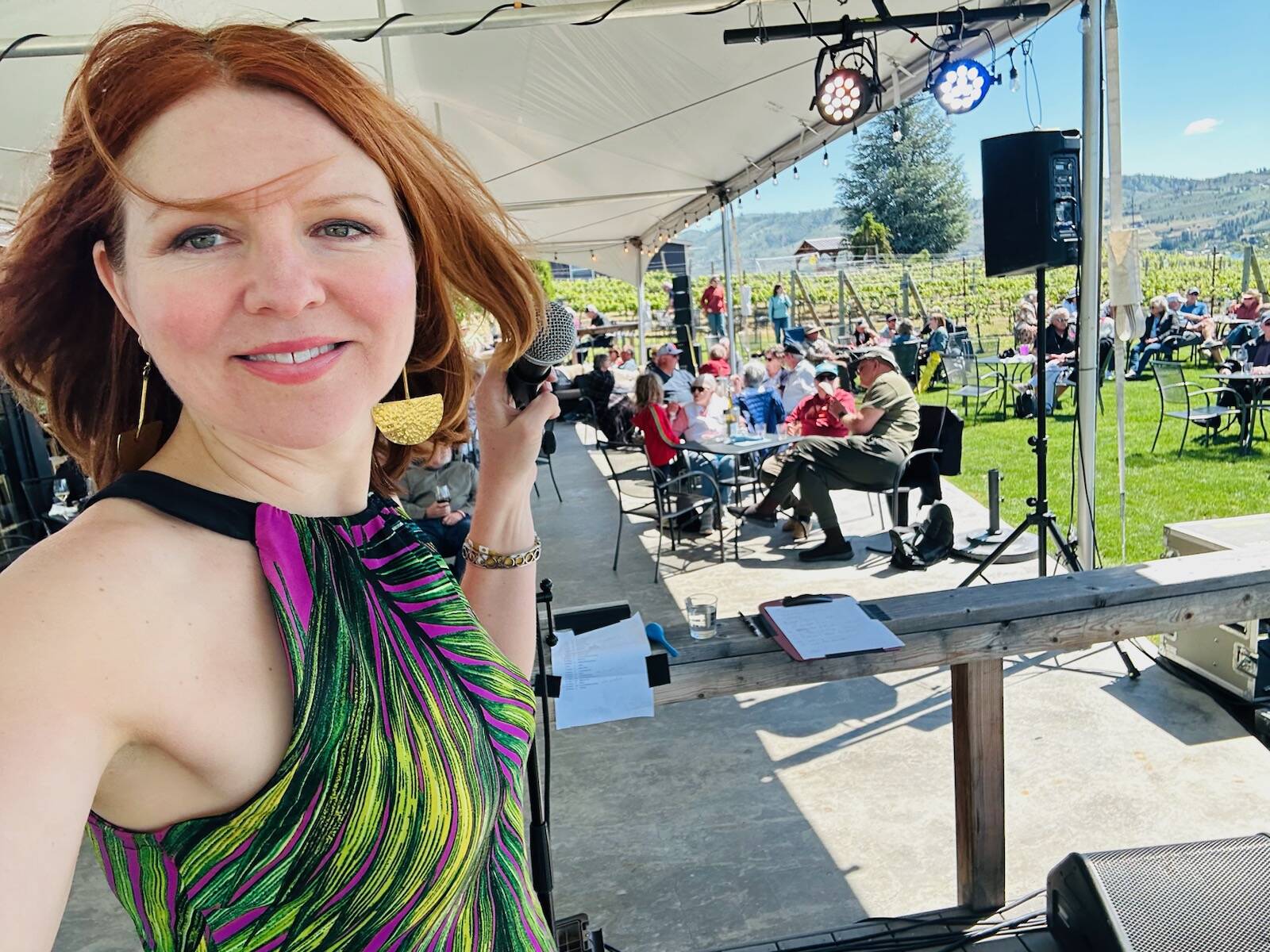 Sequim jazz singer Sarah Shea is pictured on stage before a windy set at Lake Chelan Jazz and Wine Festival on May 17. (Sarah Shea)