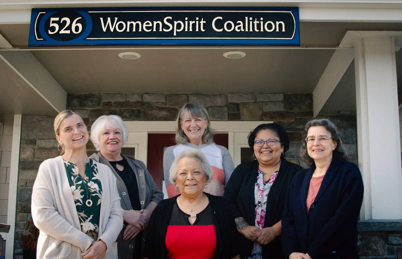WomenSpirit Coalition staff members include, from left, Michelle Williams, Dee Koester, Diane Good (in back), Cheryl Neskahi Coan, Erin Lopez Neskahi and Laura Fierro. (Elijah Sussman/Olympic Peninsula News Group)