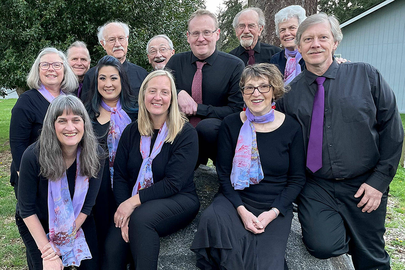 The Wild Rose Chorale embraces fun in its music. Annual concerts are Friday and Sunday. Personnel includes, from left, back row, Lynn Nowak, Rolf Vegdahl, Doug Rodgers, Al Thompson, Kris Lott, Mark Schecter, Patricia Nerison, Chuck Helman, and, from left, front row, Leslie Lewis, Cherry Chenruk-Geelan, Sarah Gustner-Hewitt and JES Schumacher. (Jo Tiffany)