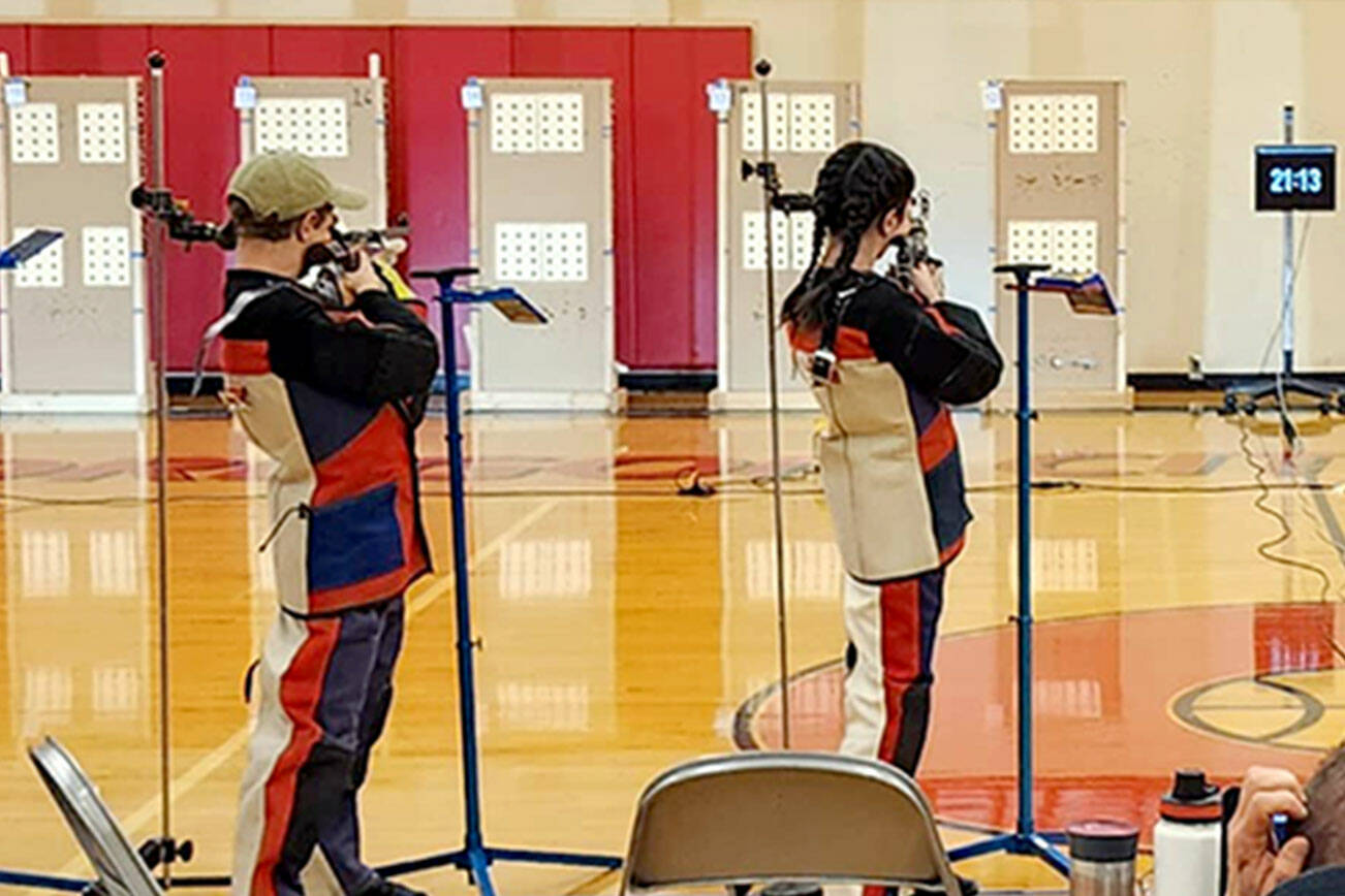 The Port Angeles NJROTC Air Rifle team competes during a recent regional event. Team members from left, Joseph Maggard, Michael Aranda, Sadie Miller, Tallulah Meneely, and Brenna Murphy. The Air Rifle team is raising funds to travel to the Civilian Marksmanship Program's National competition in July.