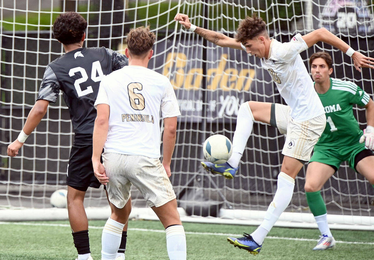 Rick Ross/Peninsula College Athletics Peninsula Colleges Nil Grau controls the ball in the goal box while looking to score during the Pirates 3-1 win over Tacoma at the NWAC Friendlies in Tacoma.
