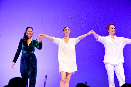 Pacific Northwest Ballet dancers Elle Macy, center, and Dylan Wald take their bows with pianist Paige Roberts Molloy at Sundays Winter Ballet Gala. Roberts Molloy played Beethovens Sonata in F minor, the Appassionata, as Macy and Wald danced across the Port Angeles High School Performing Arts Center stage. (Diane Urbani de la Paz/for Peninsula Daily News)