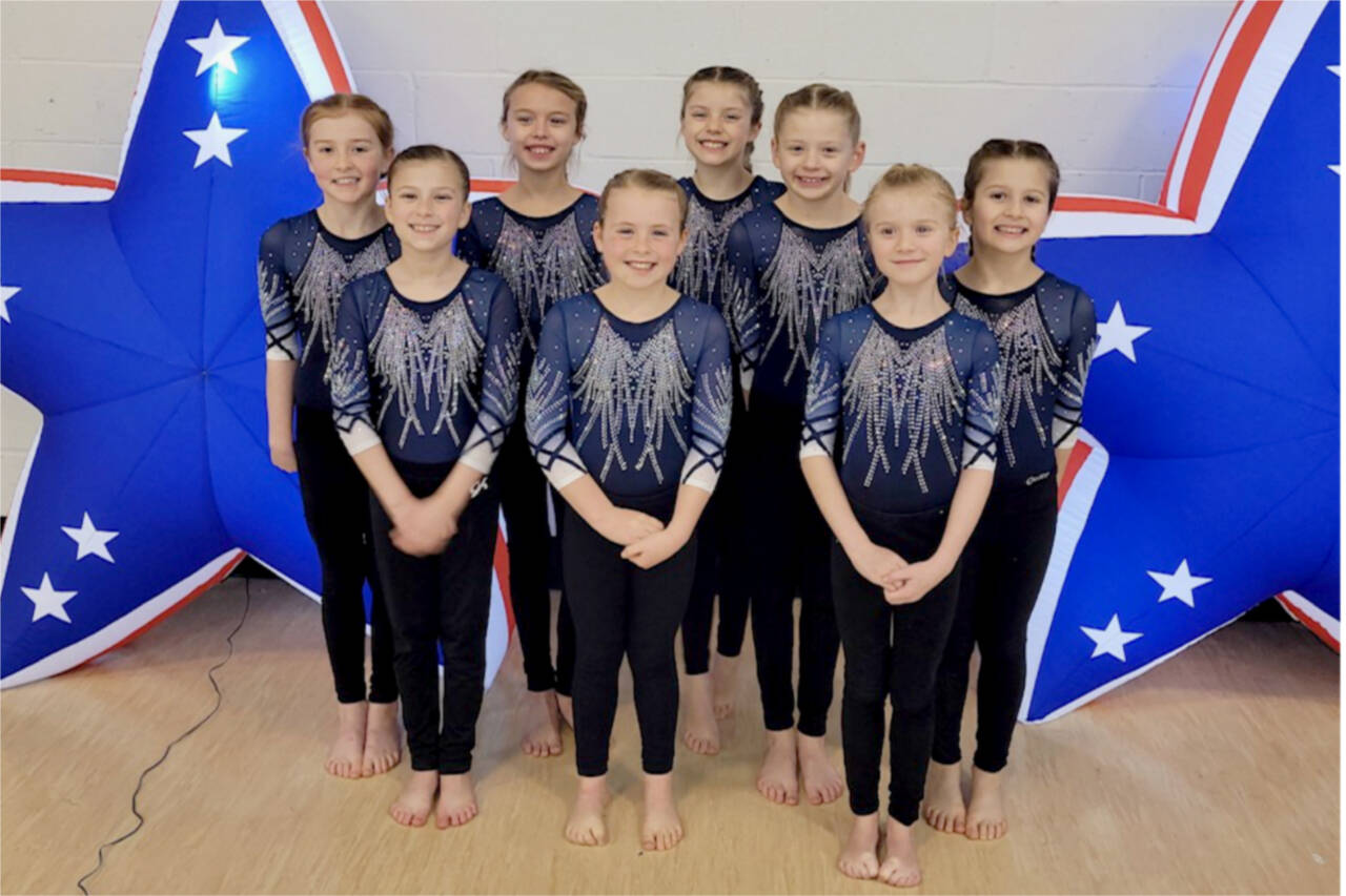 The Klahhane Xcel Bronze gymnastics team finished first at the Freedom Invitational this past weekend in Bremerton. From left, Penny Goodwin, Addie Brown, Adrie McGuire, Reagan Haguewood, Kinley Matthews, Sasha Gmazel and Nora Pecoraro. (Klahhane Gymnastics)