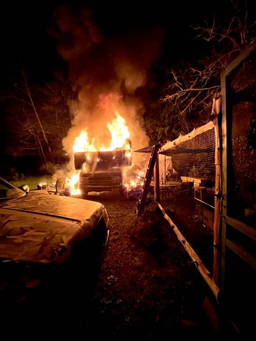 Firefighters from East Jefferson Fire Rescue extinguished an RV fire early Monday morning on Marrowstone Island. (East Jefferson Fire Rescue)
