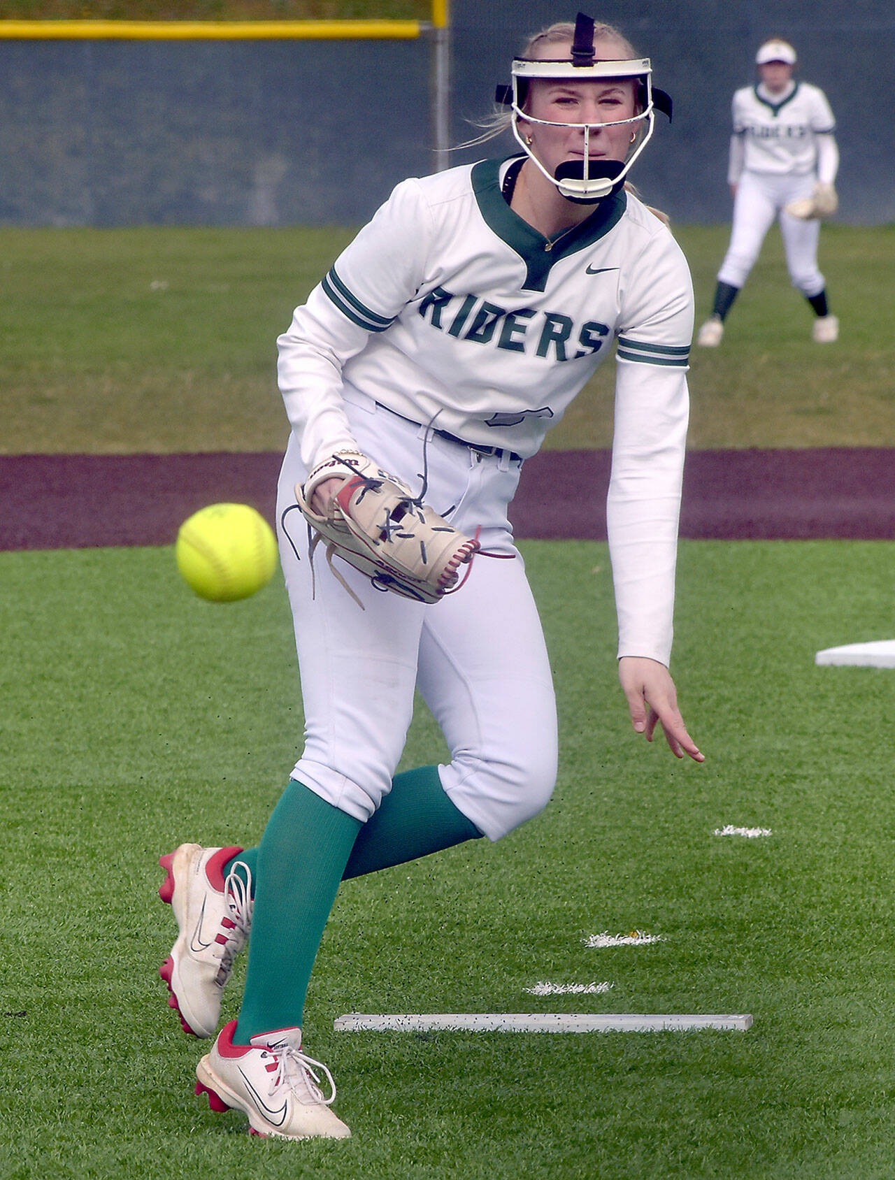 KEITH THORPE/PENINSULA DAILY NEWS Port Angeles pitcher Heidi Leitz tossed a one-hit shutout with 12 strikeouts and the Roughriders belted seven extra-base hits in a 10-0 win over Cedarcrest to open the Class 2A State Softball Tournament on Friday at Carlon Park in Selah.