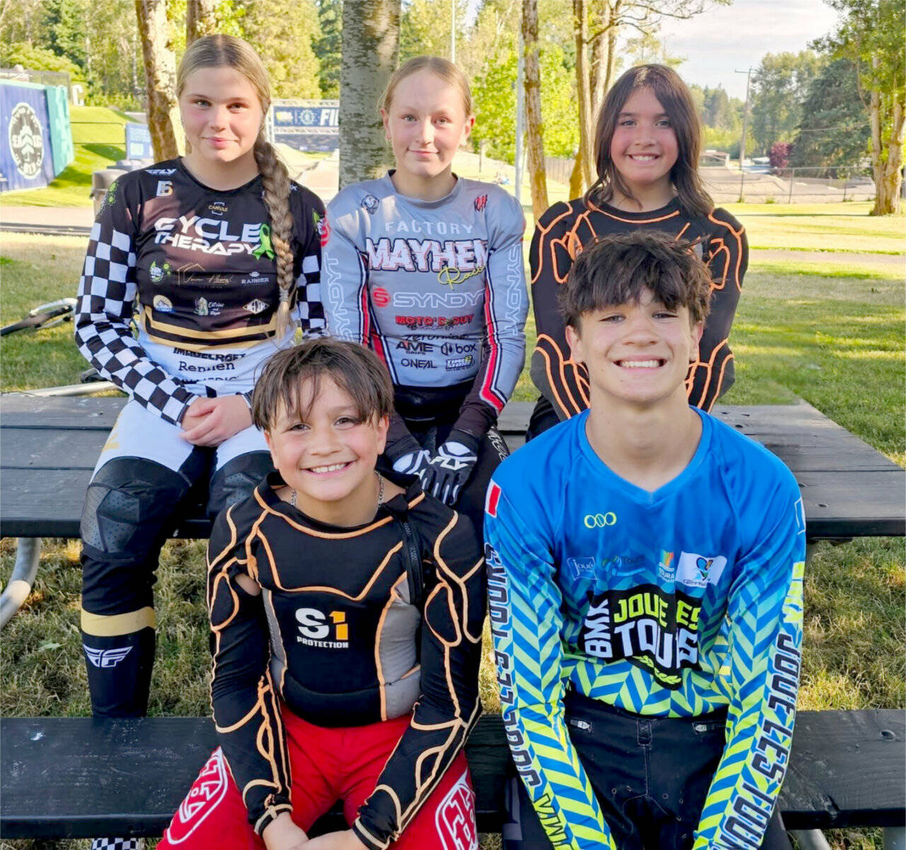 Five Lincoln Park BMX riders competed in last week’s World BMX Championships in Copenhagen, Denmark. From left, back row, are Kylin Weitz, Teyah Elofson-Cross and Elinor Christensen. From left, front row, are Warren Christensen and Wyatt Christensen. (Lincoln Park BMX)