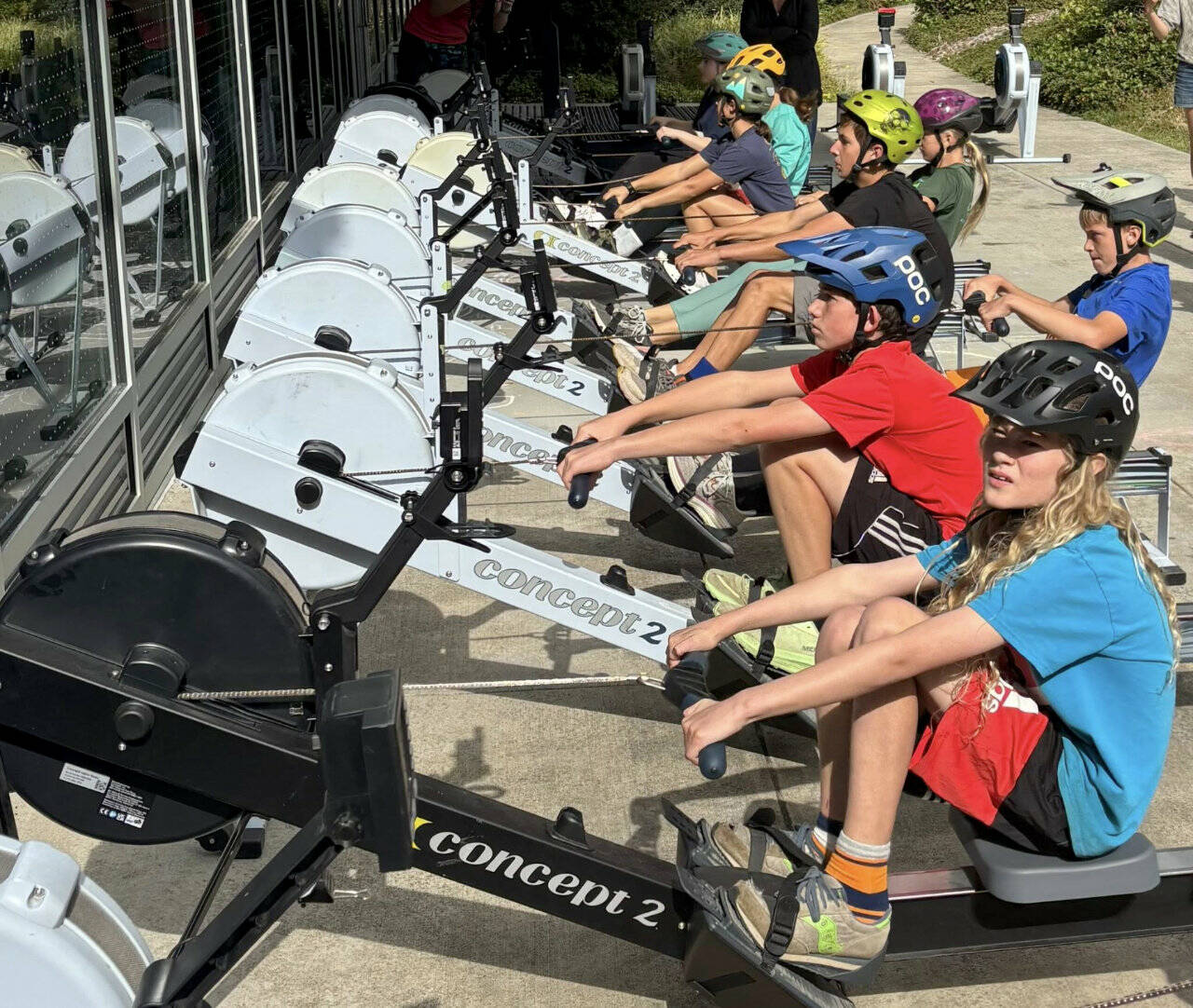 Kids compete on rowing machines at the Peninsula College campus as part of the Little Hurt on Sunday. The Little Hurt encourages youths from first through eighth grades to try different disciplines of running, cycling and rowing in conjunction with Peninsula Adventure Sport's Big Hurt on the same weekend. Full names of winner are not available for kids under 13, but the seventh- eighth-grade winner was Levi Simoneau of Port Angeles. A total of 84 kids participated in the event. (Rick Ross/Peninsula College)