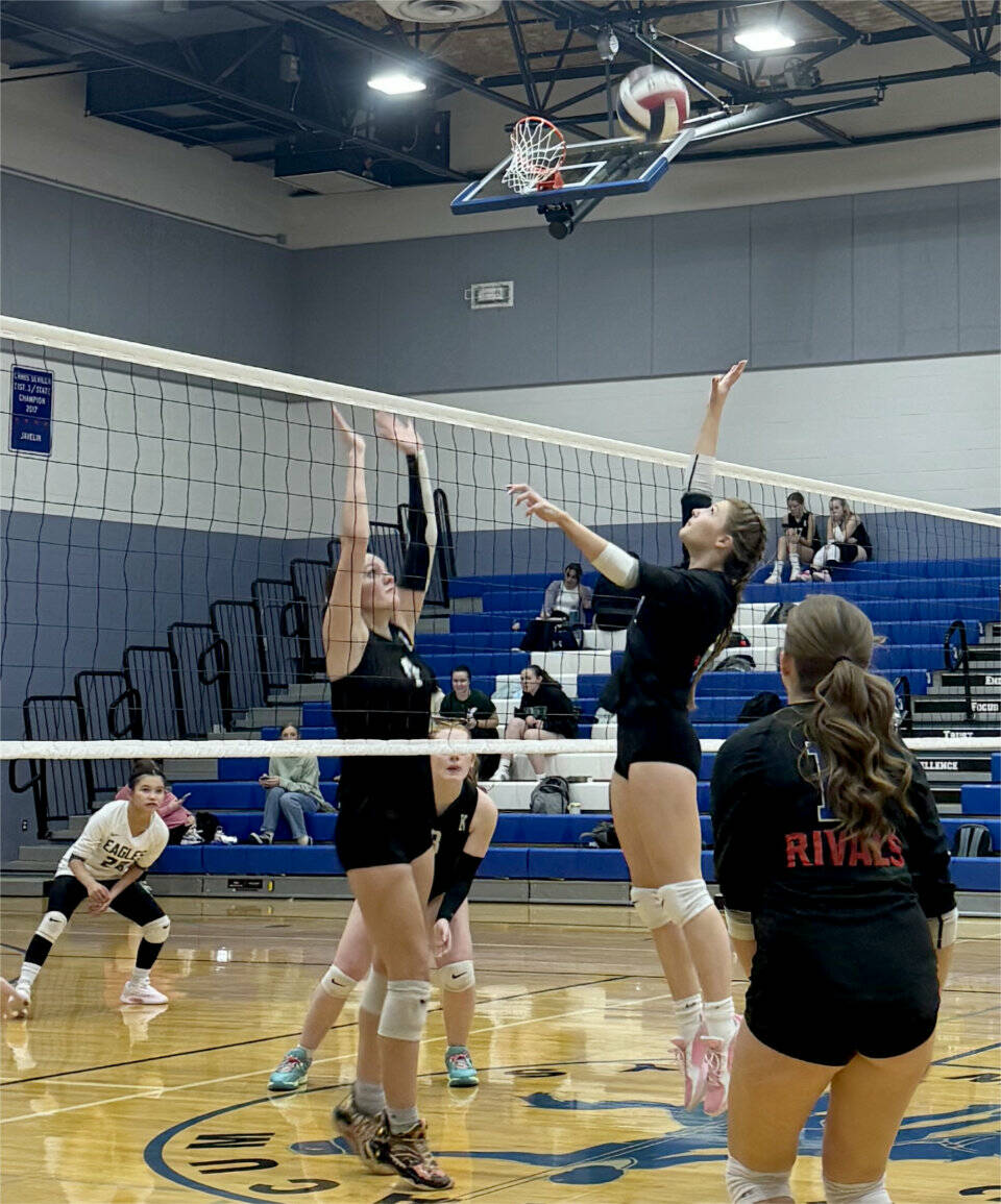 East Jefferson’s Carina Shiflett prepares to hit the ball against Klahowya on Friday in Chimacum. (Carrie Beebe)