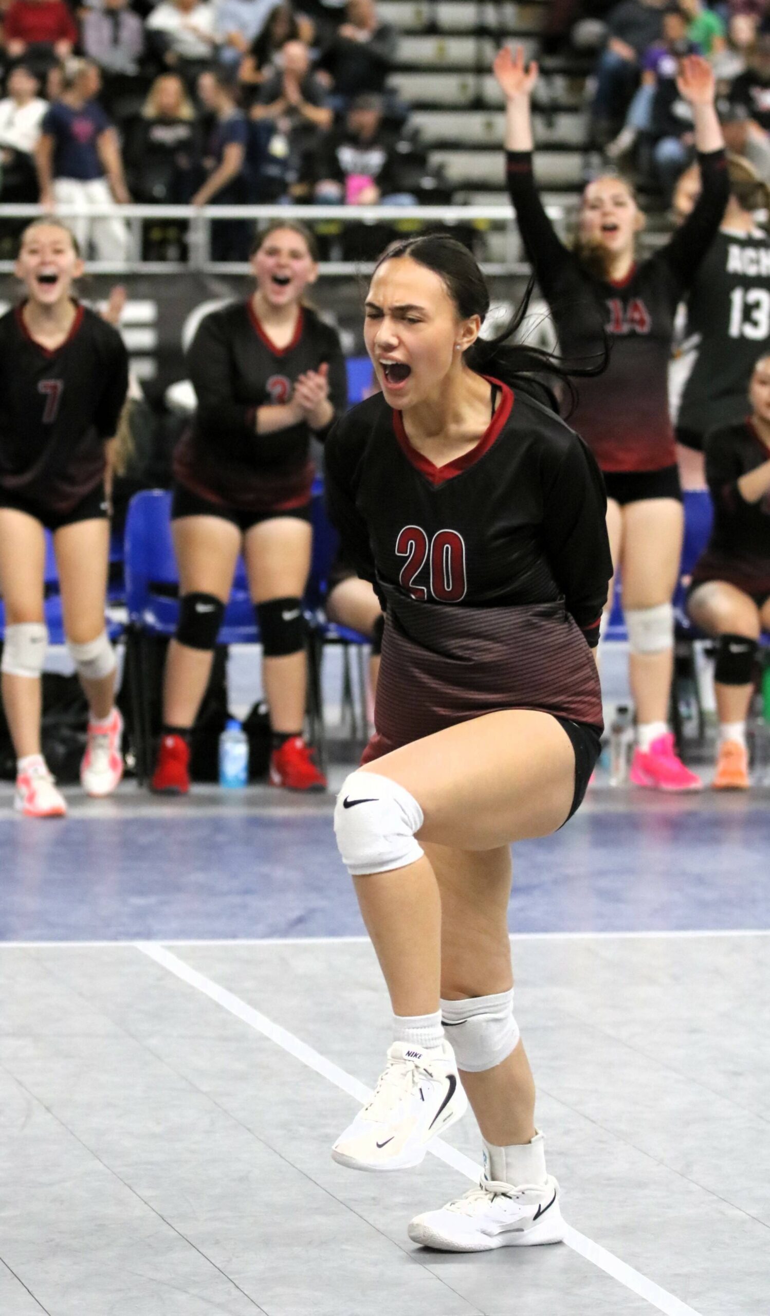 Keylee Tavoi celebrates a Neah Bay point during the Red Devils Class 1B state volleyball tournament victory over Valley Christian. Neah Bay (19-3) faced Wilbur-Creston-Keller for the 5th-6th-place trophy late Thursday at the Yakima Valley SunDome. Roger Harnack/Cheney Free Press