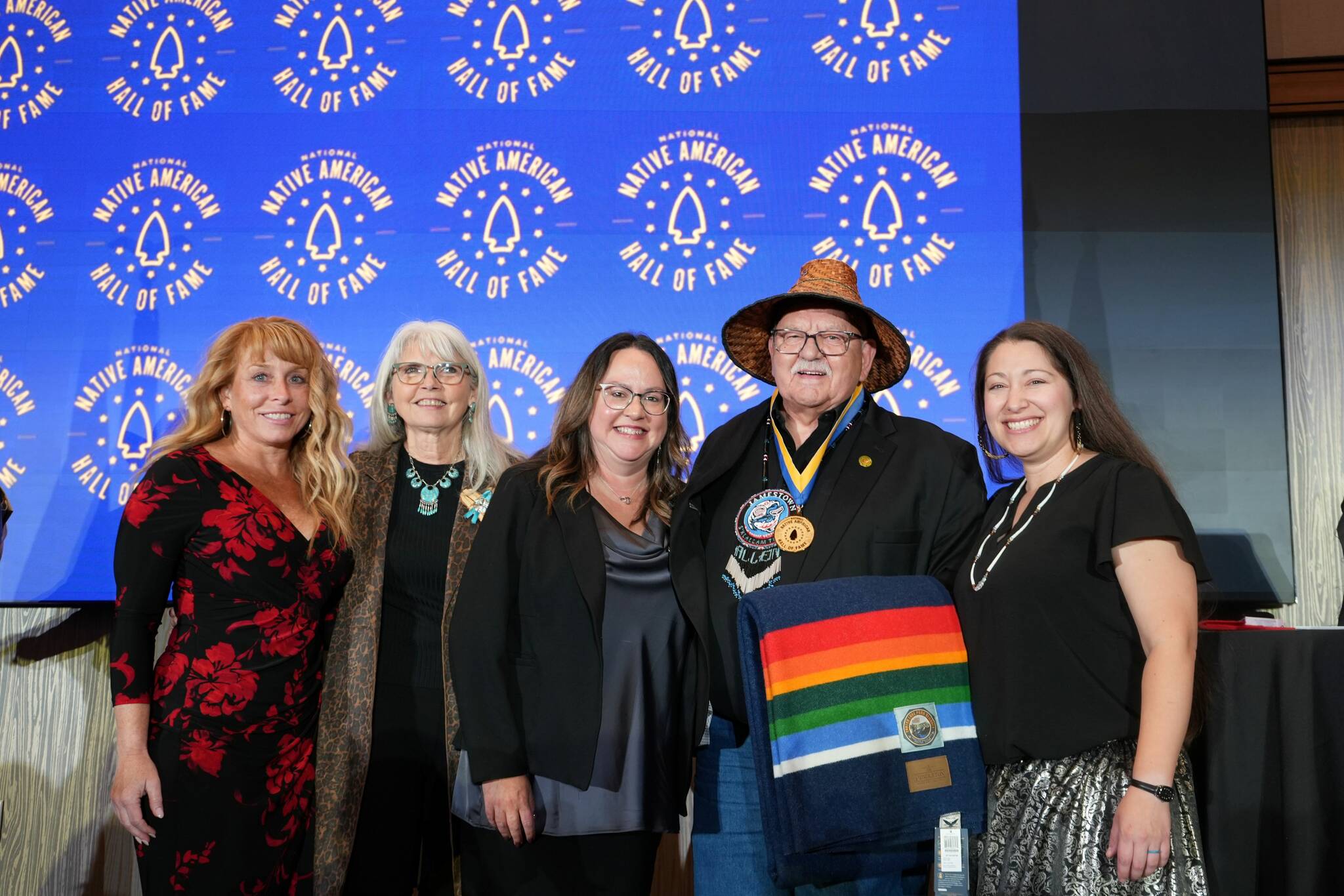 Staff and Tribal Council members join W. Ron Allen, Jamestown S’Klallam Tribe chairman and CEO, at a ceremony inducting him into the National Native American Hall of Fame, which took place in Oklahoma City on Nov. 1. Pictured, from left, are Self-Governance Legislative Associate Jennifer McLaughlin, Tribal Council members Dana Ward and Rochelle Blankenship, Allen and Loni Greninger, tribal vice chair and culture director. (Mike Dashiell/Jamestown S’Klallam Tribe)