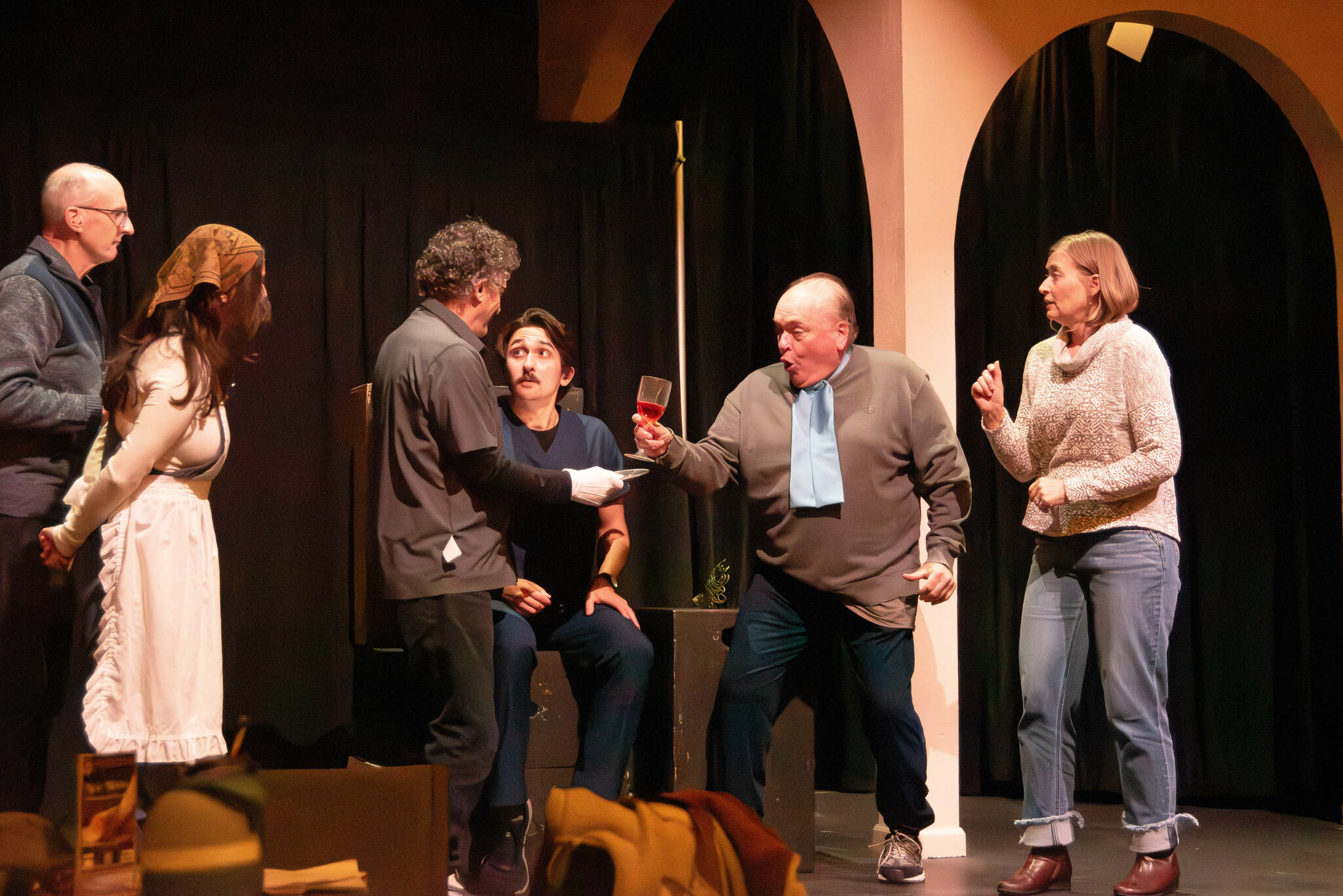 Director Bill Stone, far left, observes as the full cast of “Death Perception,” written by John Painter, rehearses the week before the launch of the New Works Showcase at Olympic Theatre Arts in Sequim. The cast is, from left, Veronica Konecnik, Jory Kahn, Simon Close, Joel Swenning and Rebecca Maberry. (Monica Berkseth)
