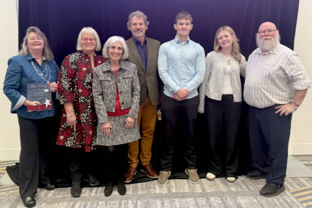 From left, Chimacum School Board directors Tami Robocker, Dr. Kristina Mayer, Kathryn Lanka, Superintendent, Dr. Scott Mauk, Student Director Ethan Perovich, Student Director Emily Liske and Board director Mike Aman. Roxanne Hudson is not pictured.