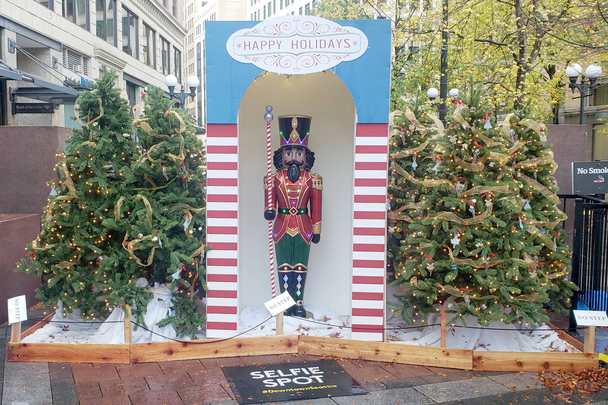 The Nutcracker is highlighted in a set piece from Westlake Park in Seattle that will be part of Tuesdays Opening Ceremonies for the Olympic Medical Center Foundations Festival of Trees. The outdoor welcome on the Vern Burton Community Center lawn also will include huge, LED-lighted Christmas ornaments, a ballet and a snow-making machine. (Olympic Medical Center Foundation)