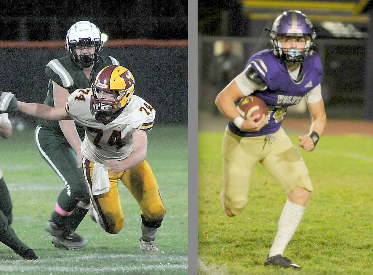 Port Angeles' Hunter Flores, left, and Sequim's Zeke Schmadeke, right, made the all-Olympic League first team for both defense and offense. Schmadeke was also named to the special teams first team as a kick returner. (Keith Thorpe/Peninsula Daily News and Michael Dashiell/Olympic Peninsula News Group)