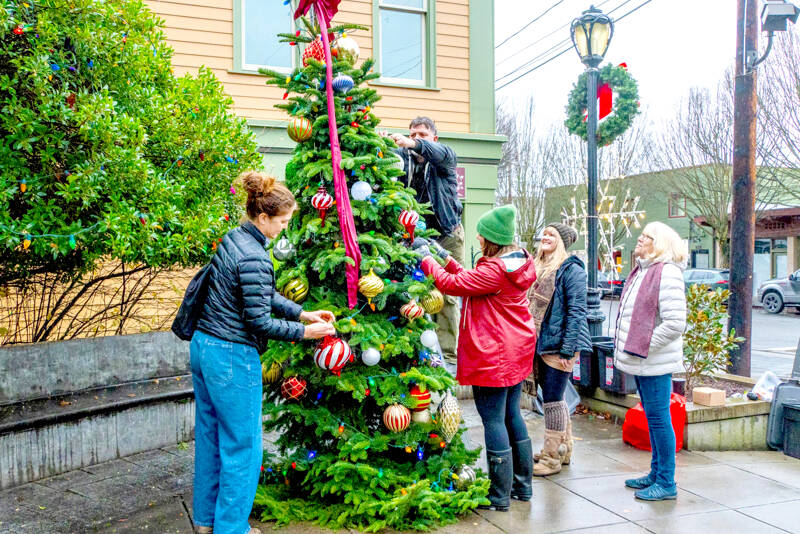 Port Townsend Main Street Program volunteers, from left, Amy Jordan, Gillian Amas and Sue Authur, and Main Street employees, Sasha Landes, on the ladder, and marketing director Eryn Smith, spend a rainy morning decorating the community Christmas tree at the Haller Fountain on Wednesday. The tree will be lit at 4 p.m. Saturday following Santa’s arrival by the Kiwanis choo choo train. (Steve Mullensky/for Peninsula Daily News)