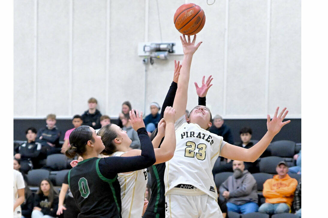 Peninsula College's Aspen Fraser battles for a rebound against Chemeketa on Friday night. Fraser has 12 points and 12 rebounds as the Pirates won 80-62. (Jay Cline/Peninsula College)
